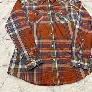 Wrangler Shirt Men's M orange Plaid Pearl Snap Button Long Sleeve Cowboy Cotton